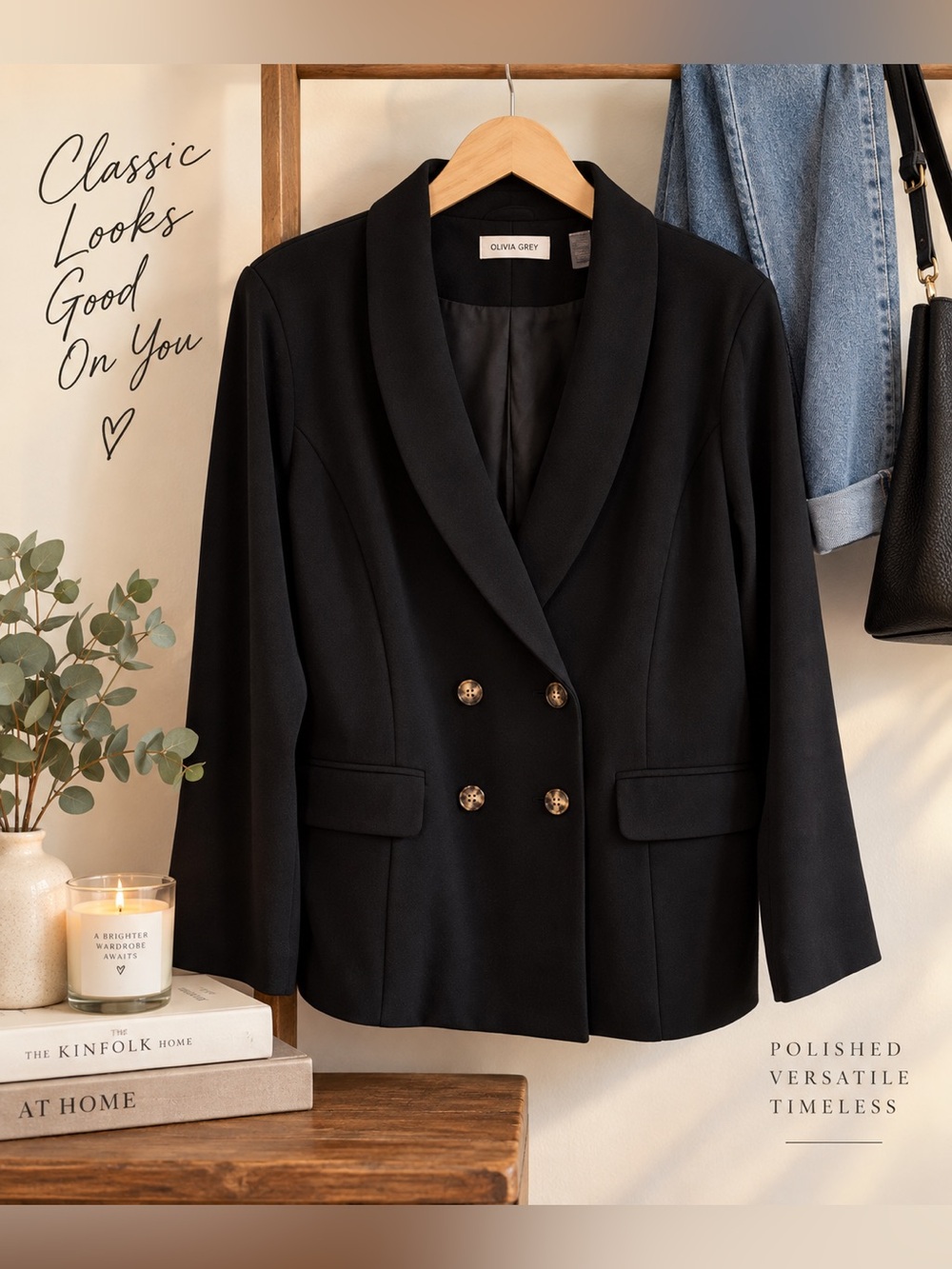 Olivia Grey Black Double-Breasted Shawl-Collar Blazer
